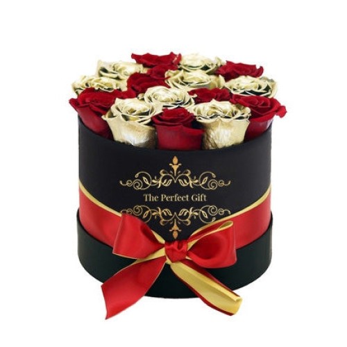 Red & Gold Roses in black Round Gift Box (12 Roses)