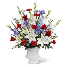 Regal Blue, White & Red Flower Arrangement