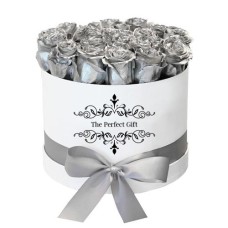 Silver Roses in a Round Gift Box (30 Roses)