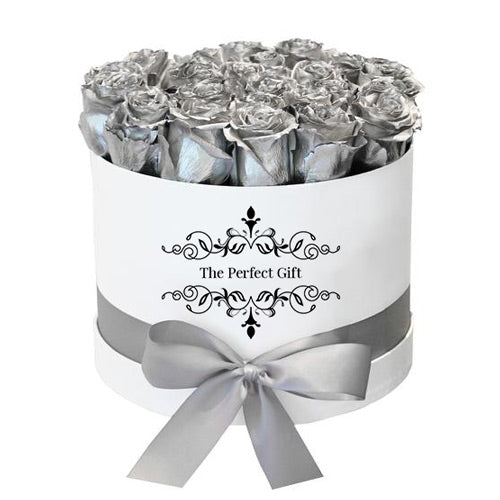 Silver Roses in a Round Gift Box (30 Roses)