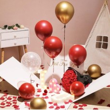 Surprise Balloon Box with Light-up Letters & Red Petals & Bouquet