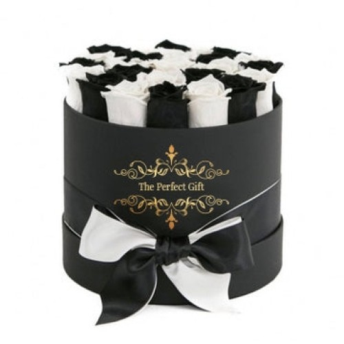 Black & White Roses in black Round Box (30 Roses)