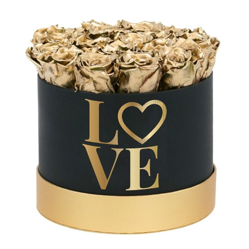 LOVE' Gold Roses Round Gift Box (30 Roses)