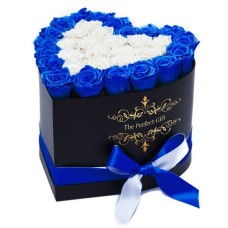 30 White with Blue Outline Roses in black Heart Gift Box