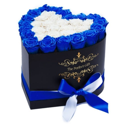 30 White with Blue Outline Roses in black Heart Gift Box