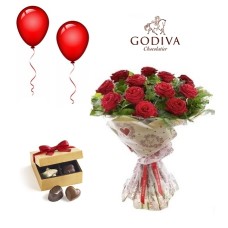 GODIVA Ballotin Box & Red Roses & Balloons