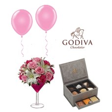 GODIVA Royal Velvet Box And Pink Flowers And Balloons Set