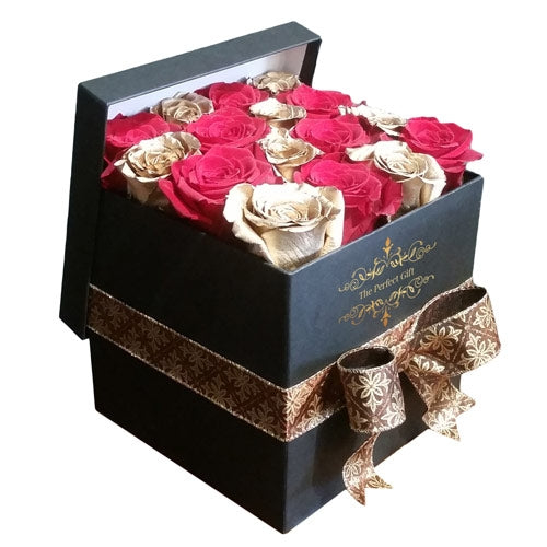 Elegant 16 Red and Gold Roses Gift Box