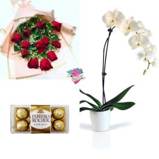 White Orchid & Red Roses Sweet Package