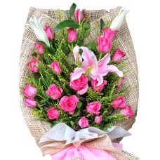 24 Pretty in Pink Roses & Stargazer bouquet