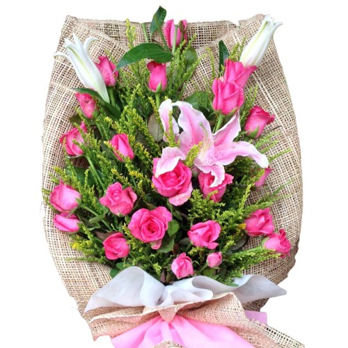 24 Pretty in Pink Roses & Stargazer bouquet