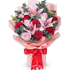 Valentine's Red Pink Roses Lilies Bouquet