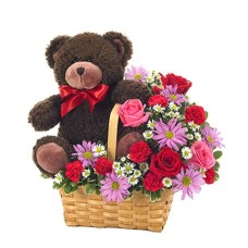 Carnations, Mums, Roses & Teddy Basket