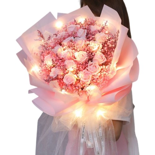 Roses Baby's Breath Fairy Lights Bouquet