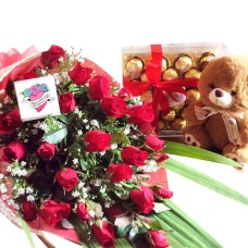 24 Roses, 24 Ferrero Box & Teddy Bear Package