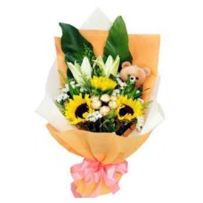 Sunflowers, Stargazer Lilies, Ferrero & Teddy Bouquet