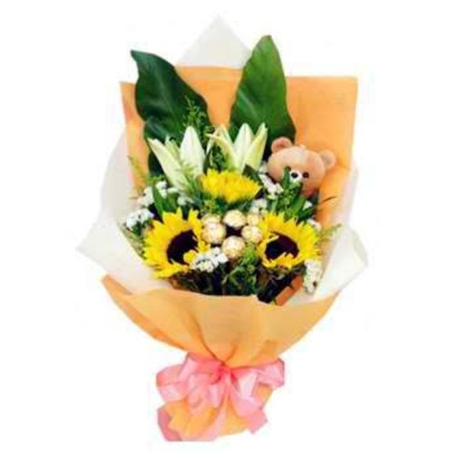Sunflowers, Stargazer Lilies, Ferrero & Teddy Bouquet
