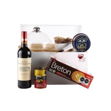 Gift Box with Gourmet Serving Set, Wine, Cheese, Snacks and More