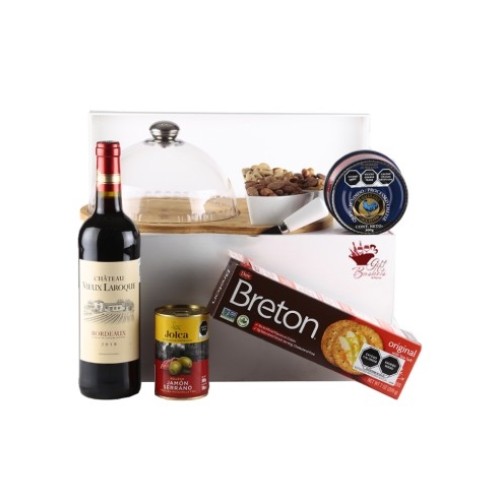 Gift Box with Gourmet Serving Set, Wine, Cheese, Snacks and More