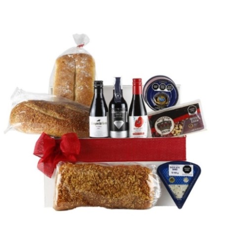 Deluxe Gourmet Gift with Cheese, Artisan Bread and Wine