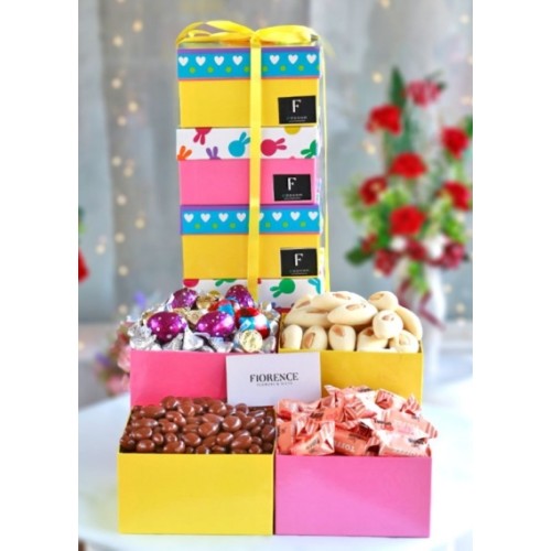 Happy Easter Gift Tower with covered chocolate raisins and more