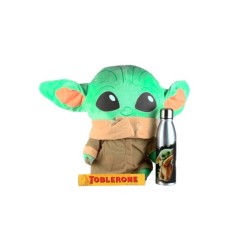 Baby Yoda with water bottle and Toblerone Chocolate