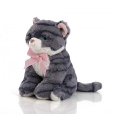Seated Plush Cat 25 Cm - Jasmine With Gray Striped Bow
