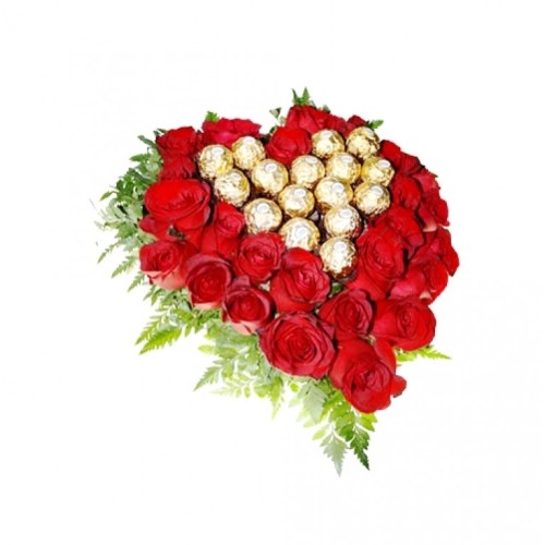 Heart-Shaped Roses & Ferraro Rocher Chocolates Arrangement