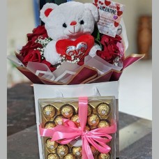 10 Red Roses Bouquet White Teddy & Ferrero