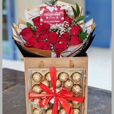 10 Premium Red Roses Bouquet with Ferrero Rocher
