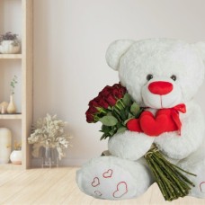 Elegant Snow White Teddy Bear - 12 Red Roses