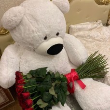Giant 80cm White Teddy Bear with 12 Hand - Tied Roses