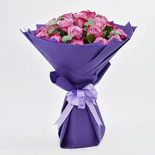 20 Pink Roses Eternal Purple Beauty Bouquet
