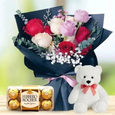 10 Mixed Roses Bouquet White teddy and Ferrero