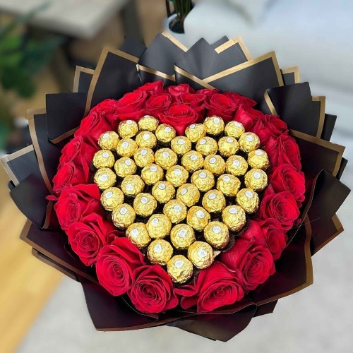 25 Red Roses Heart-Shaped Bouquet with Ferrero Rocher