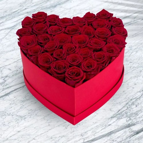 Romantic Red Roses in Heart-Shaped Box