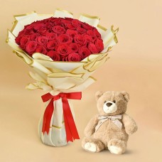 50 Premium Red Roses & Cuddly Teddy Bear