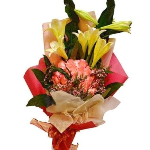 Sweet Cariad- Flower Bouquet (Sweet Cariad - 10 Roses 5 Lilies Flower Bouquet)