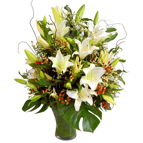 Resplendent Lilies - 5 Lilies 3 Madonnas Flower Arrangement