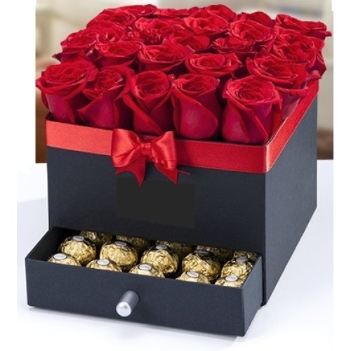 BOX WITH 25 ROSES AND SURPRISE DRAWER WITH FERRERO