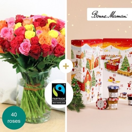 Armful of roses and its Bonne Maman Advent Calendar (20 stems)