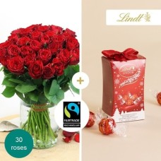 Armful of red roses and its Lindt ballotin (20 roses)
