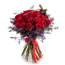 Bouquet of red roses and lilac decoration (standard)