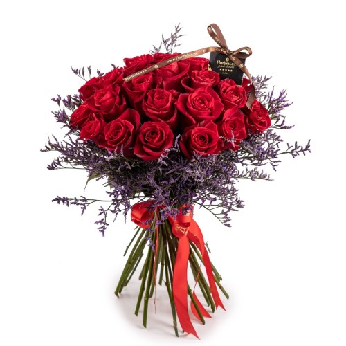 Bouquet of red roses and lilac decoration (standard)