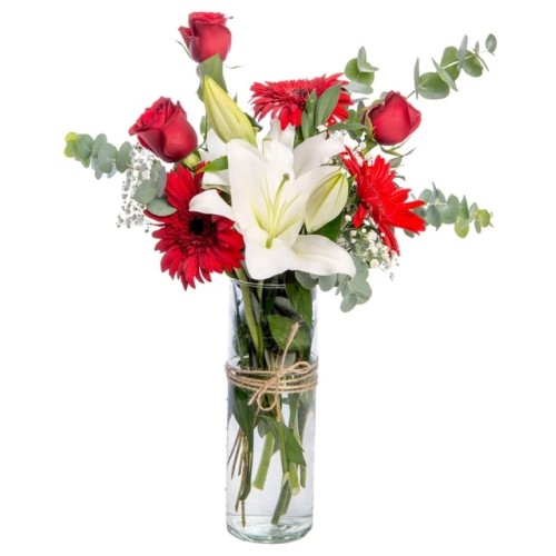 Red Rose, Gerbera and White Lily in a Vase