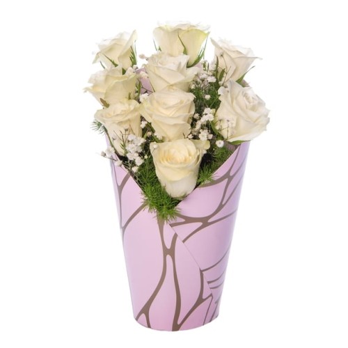 9 White Roses in Pink Decorative Box