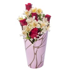 Red Roses and White Astromelias in Pink Decorative Box