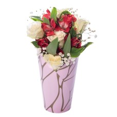 White Roses and Red Astromelias in Pink Decorative Box