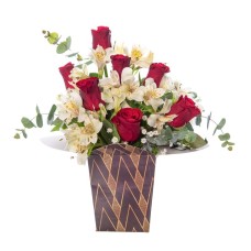 Red Roses and White Astromelias in Harlequin Box