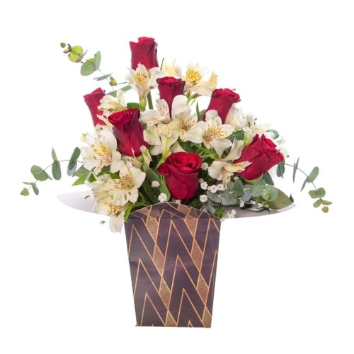 Red Roses and White Astromelias in Harlequin Box